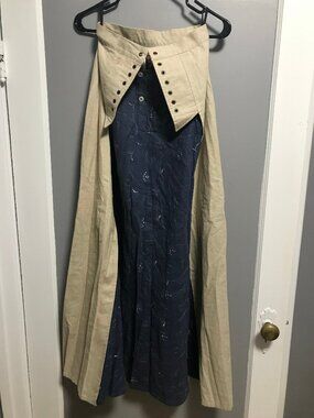 Dragon Rouge Medieval Long Linen Skirt Beige & Blue Embroidered size 5 XS SMALL